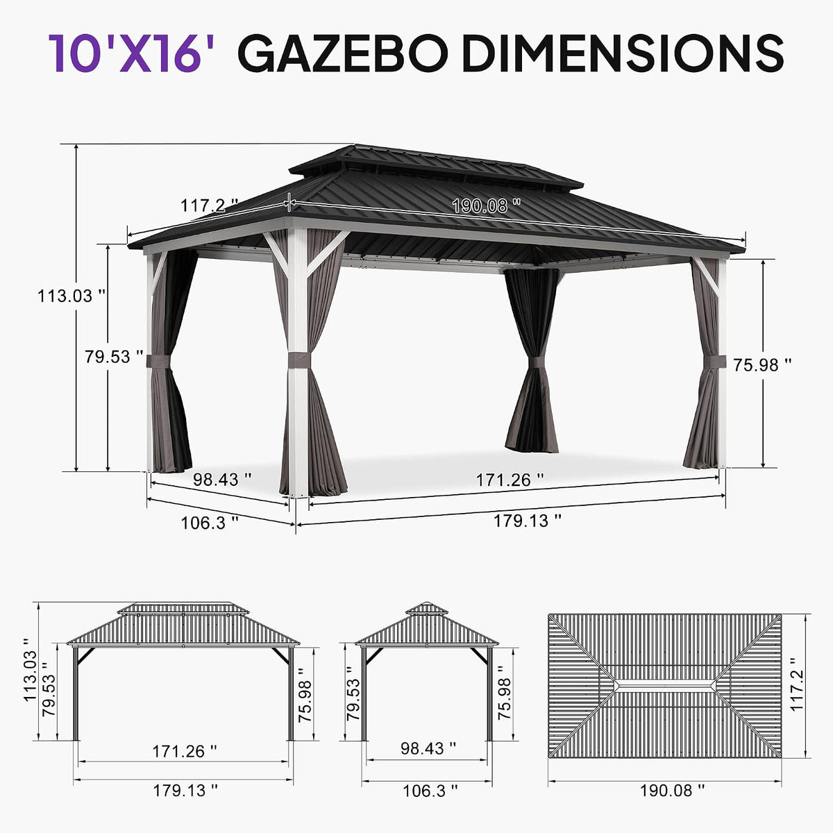 PURPLE LEAF Hardtop Gazebo 10' x 16' White Pavilion Galvanized Steel Roof