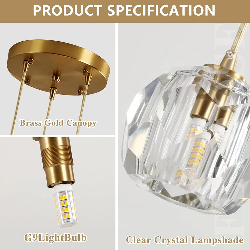 3-light crystal cluster pendant, gold mid century chandelier, side view