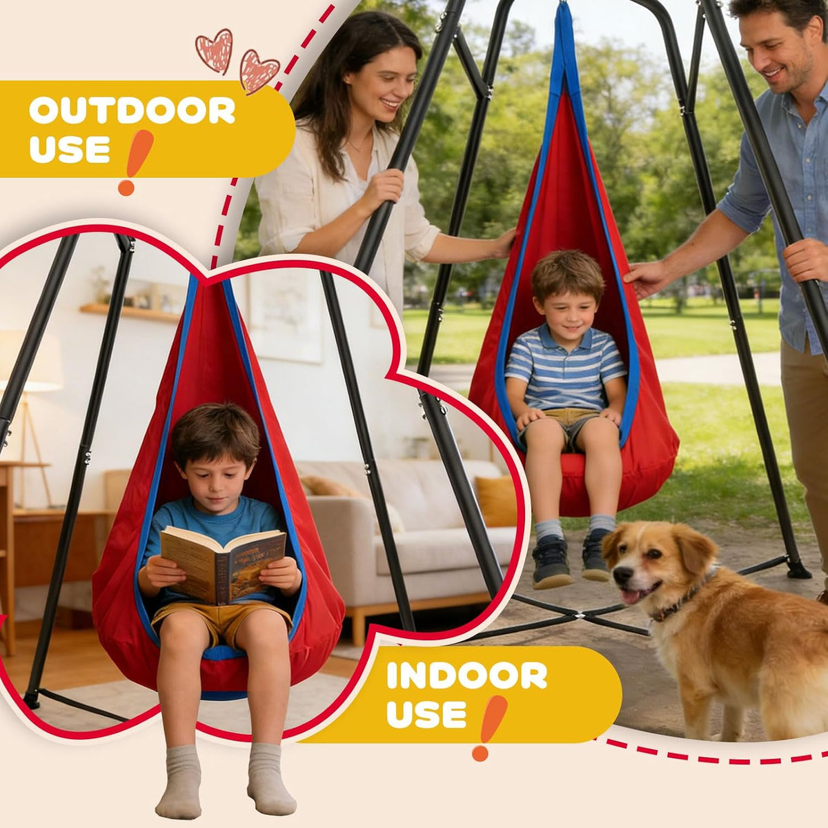 Sensory Swing Stand with Pod Swing, Metal Sensory Swing Set Frame for Indoor Outdoor Backyard (Red)