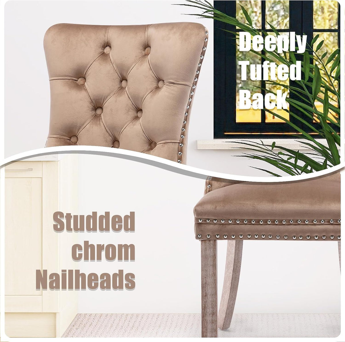 SoarFlash Velvet Dining Chairs Set of 2, Tall Back Side Chair, Modern Upholstered High-end Tufted Side Chair with Button Back Ring, Solid Wood Legs (Khaki)