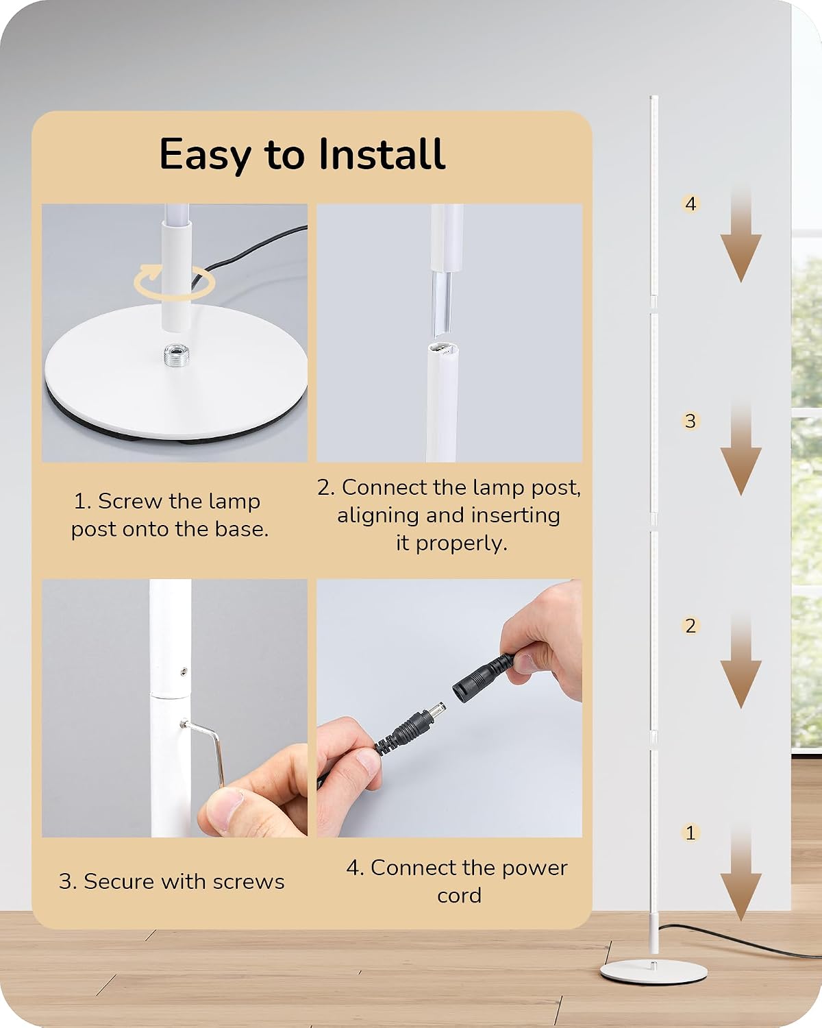 EDISHINE 59.8" Corner Lamp with Remote & 3 Height Settings, Dimmable & 3CCT