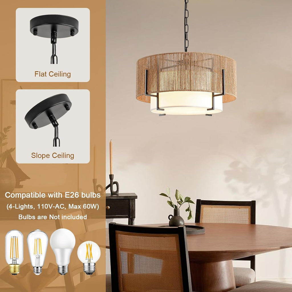 4-light rattan chandelier for dining room, 19.7" boho, close-up detail