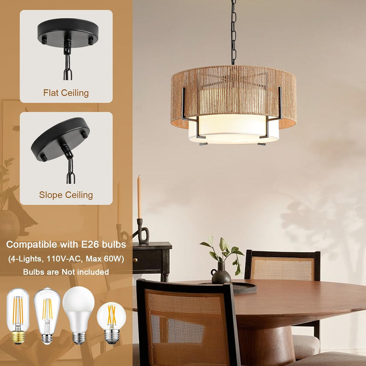 4-light rattan chandelier for dining room, 19.7" boho, close-up detail