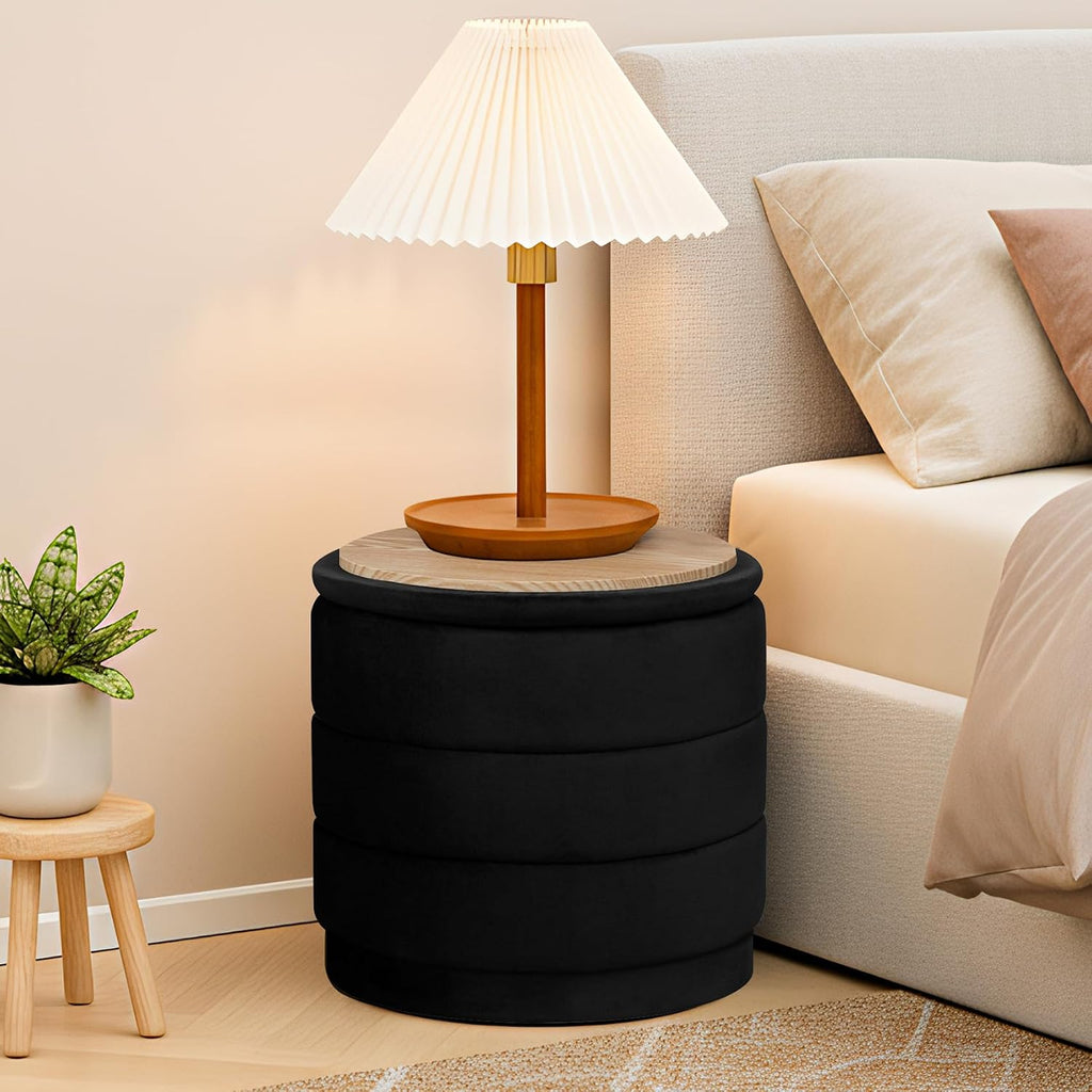 15.4" Round Velvet Storage Ottoman with Reversible Lid, Upholstered Circular Ottoman Footrest with Hidden Storage, Foldable Padded Footstool for Dorm Living Room & Bedroom, Black