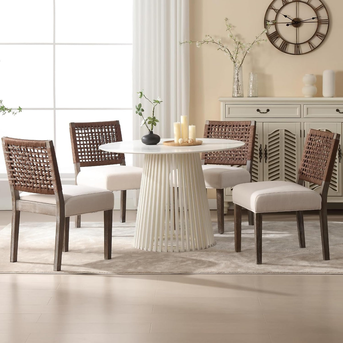 LZAREAL Farmhouse Dining Chairs Set of 4 Linen Fabric Upholstered Accent Side Chair, Mid Century Modern Kitchen & Dining Room Chairs with Woven Rope Back for Home, Living Room, Bedroom - Beige