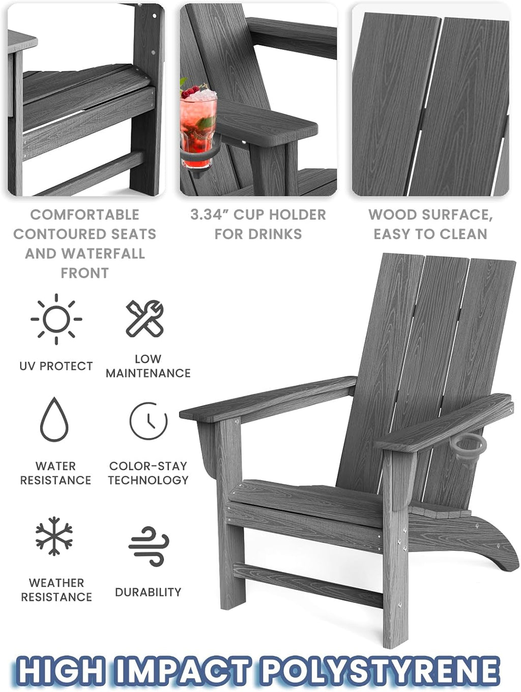 Modern Adirondack Chair with Cup Holder, HDPE Plastic Patio Chairs