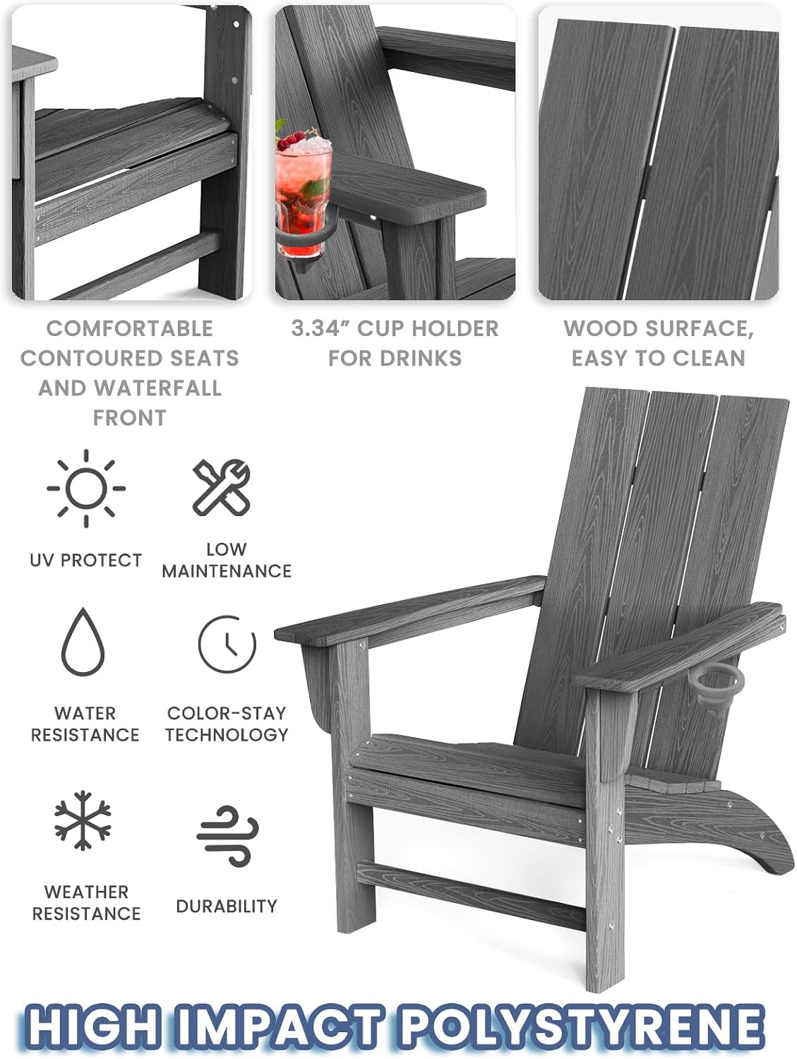 Modern Adirondack Chair with Cup Holder, HDPE Plastic Patio Chairs