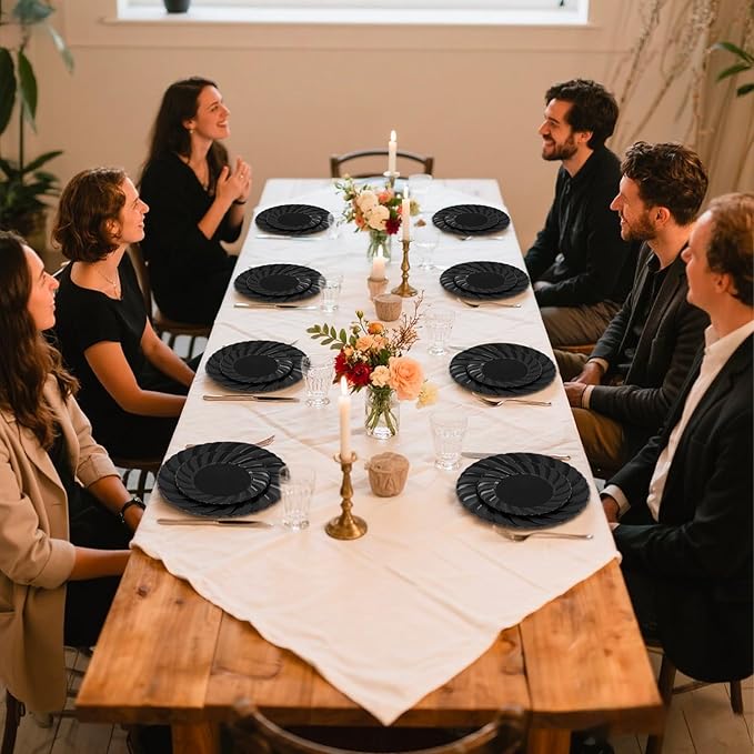 U-QE 60 Pcs Black Plastic Plates for Party – Scalloped Plastic Plates Heavy Duty – Include 30 10.25" Dinner & 30 7.25" Dessert Plate - Perfect for Halloween, Weddings & Birthdays