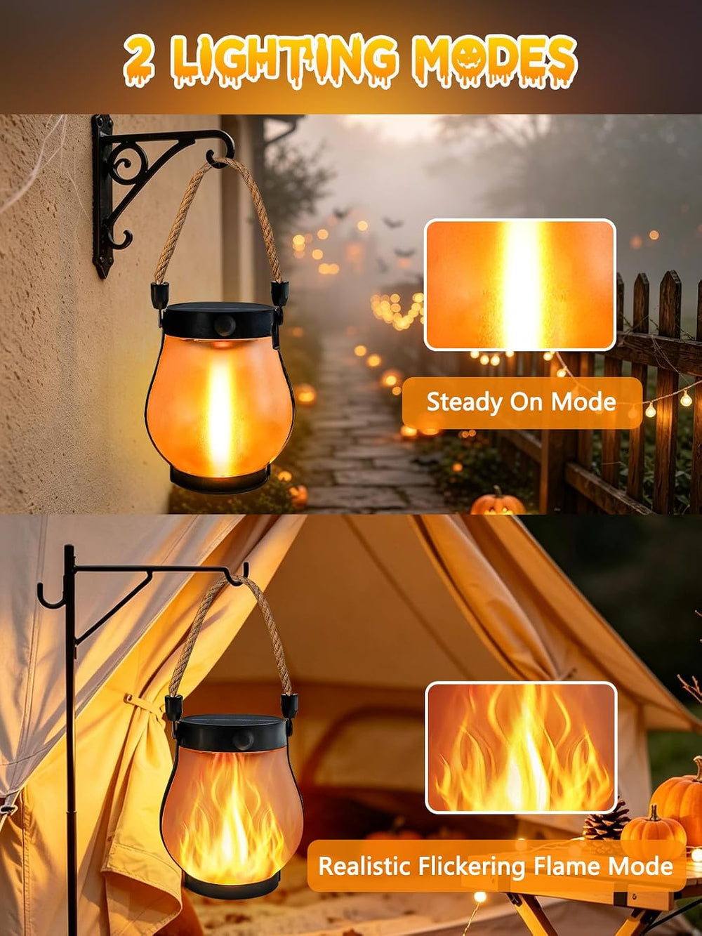 4 Pack Gen2 Solar Lanterns Outdoor Waterproof Hanging Halloween Flame Light