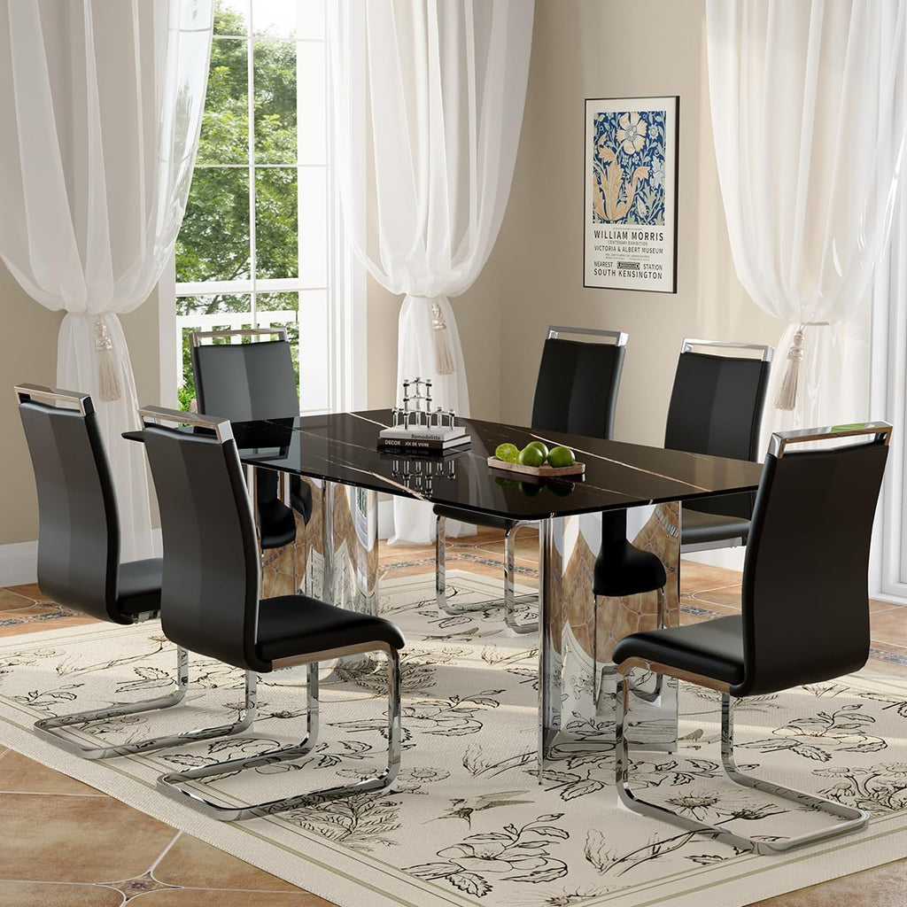 Modern Dining Table Set for 6,7 Piece Glass Dining Table Set,71-Inch Rectangular Faux Marble Tabletop with H-Shaped Silver Stainless Steel Base,Black Kitchen Table with 6 Dining Chairs