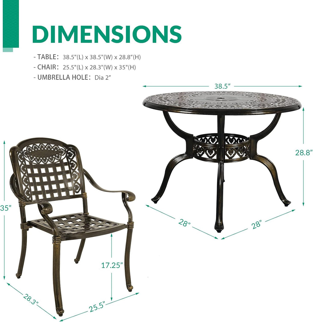 VIVIJASON 5-Piece Outdoor Patio Furniture Dining Set, All-Weather Cast Aluminum Conversation Set, Include 4 Chairs and 38.5" Round Table w/Umbrella Hole for Balcony, Lawn, Garden, Backyard