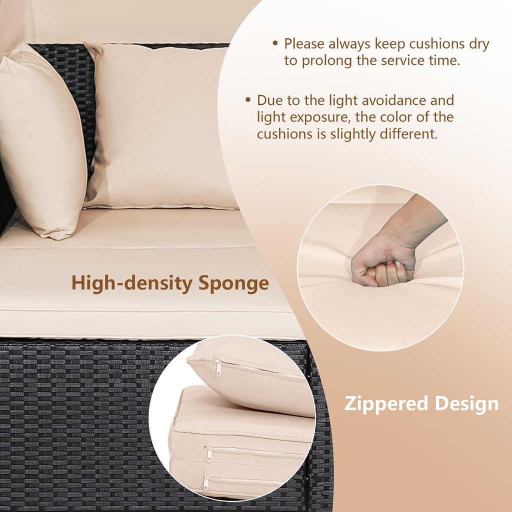 HAPPYGRILL Outdoor Wicker Lounge Daybed, Hand-Woven PE Rattan Daybed, Patio Loveseat Sofa Set with Retractable Canopy & 2 Side Tables, Outdoor Sun Lounger with Soft Cushions (Beige)