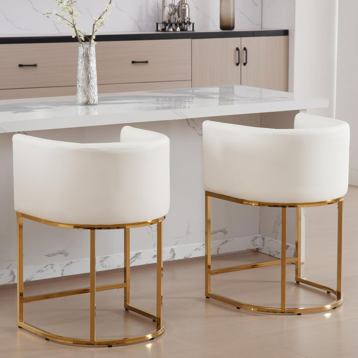 RIVOVA PU Leather Bar Stools Set of 4, Modern Upholstered Counter Height Bar stools 24" Leather Barstools Barrel Kitchen Counter Island Stools with Golden Metal Base, White