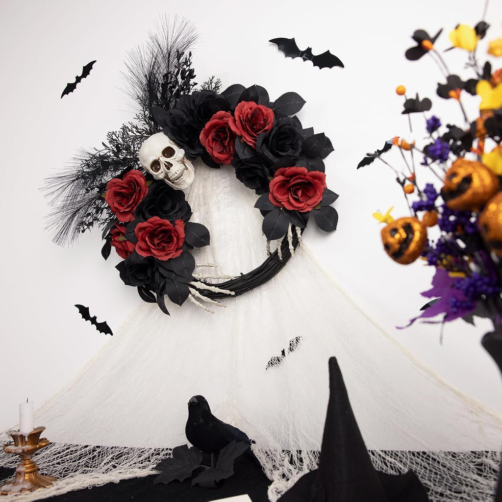 18" Halloween Wreaths for Front Door with Skull and Skeleton Hands