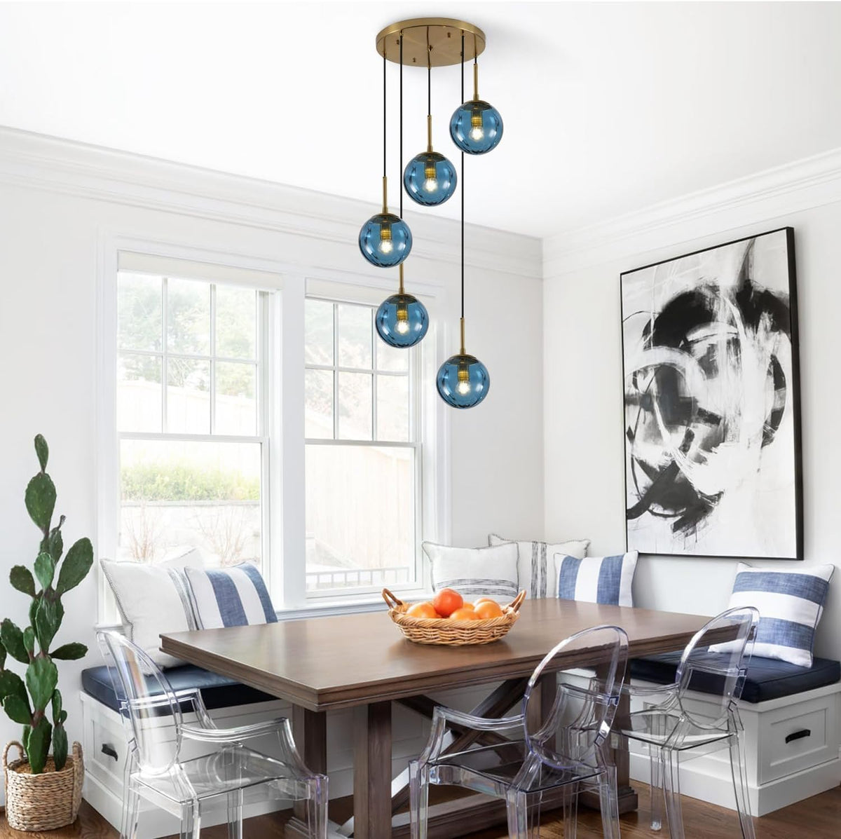 kco modern 5-light blue ribbed glass globe cluster on a desk or shelf