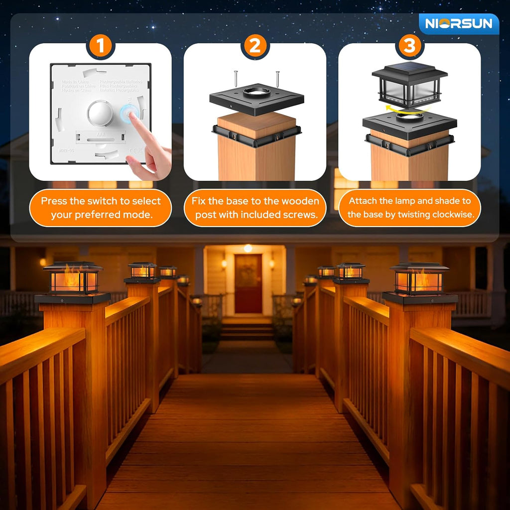 NIORSUN 4x4 Post Solar Lights with Flame Light &3 Color Temps,12 Pack Black