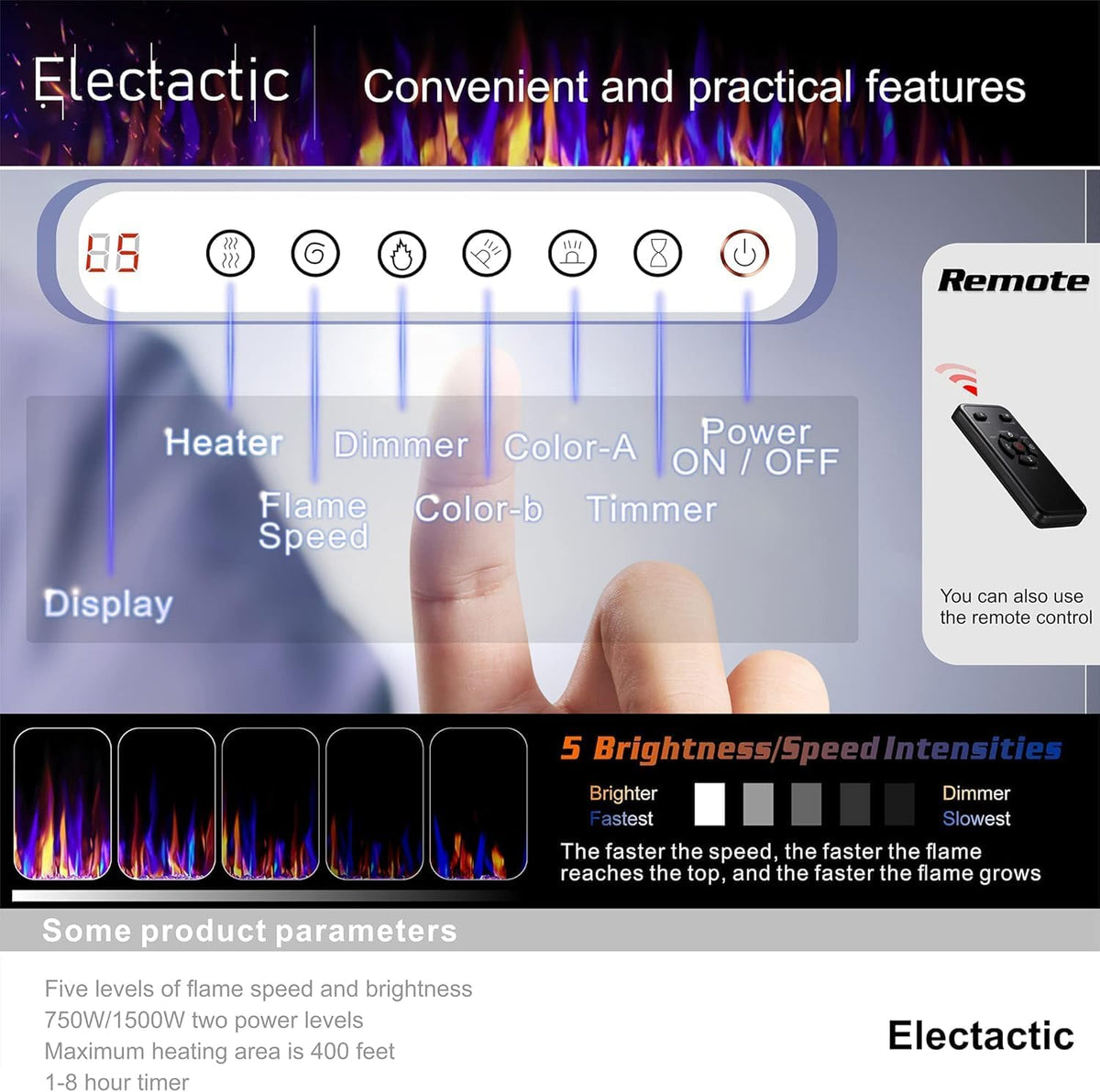 Electactic 50 Inch Electric Fireplace Insert Ultra-Thin - Recessed & Wall-Mounted Fireplace Heater with Thermostat, Adjustable Flame, Remote Control - Linear with Timer, Touch Screen, 750/1500W