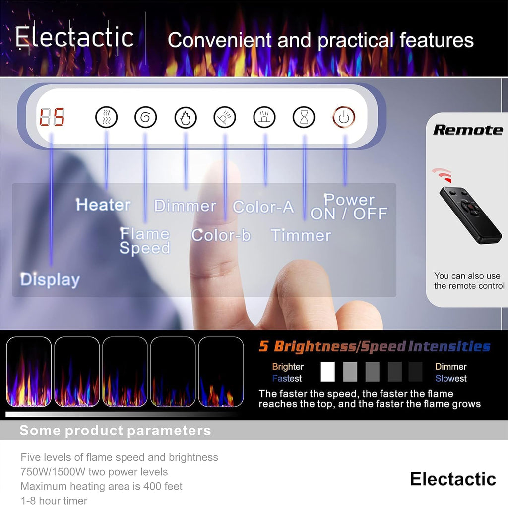 Electactic 68 Inch Electric Fireplace Insert Ultra-Thin - Recessed & Wall-Mounted Fireplace Heater with Thermostat, Adjustable Flame, Remote Control - Linear with Timer, Touch Screen, 750/1500W