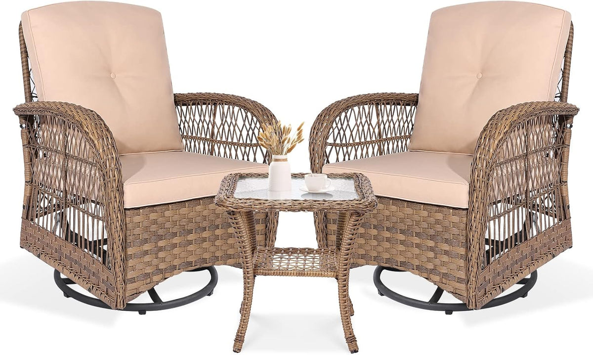 VIVIJASON 3-Piece Outdoor Conversation Bistro Set, Patio Swivel Glider Rocking Chairs Rattan Furniture Sets w/ 2 Rattan Chairs, Cushions, Glass Top Side Table for Porch Backyard, Light Brown