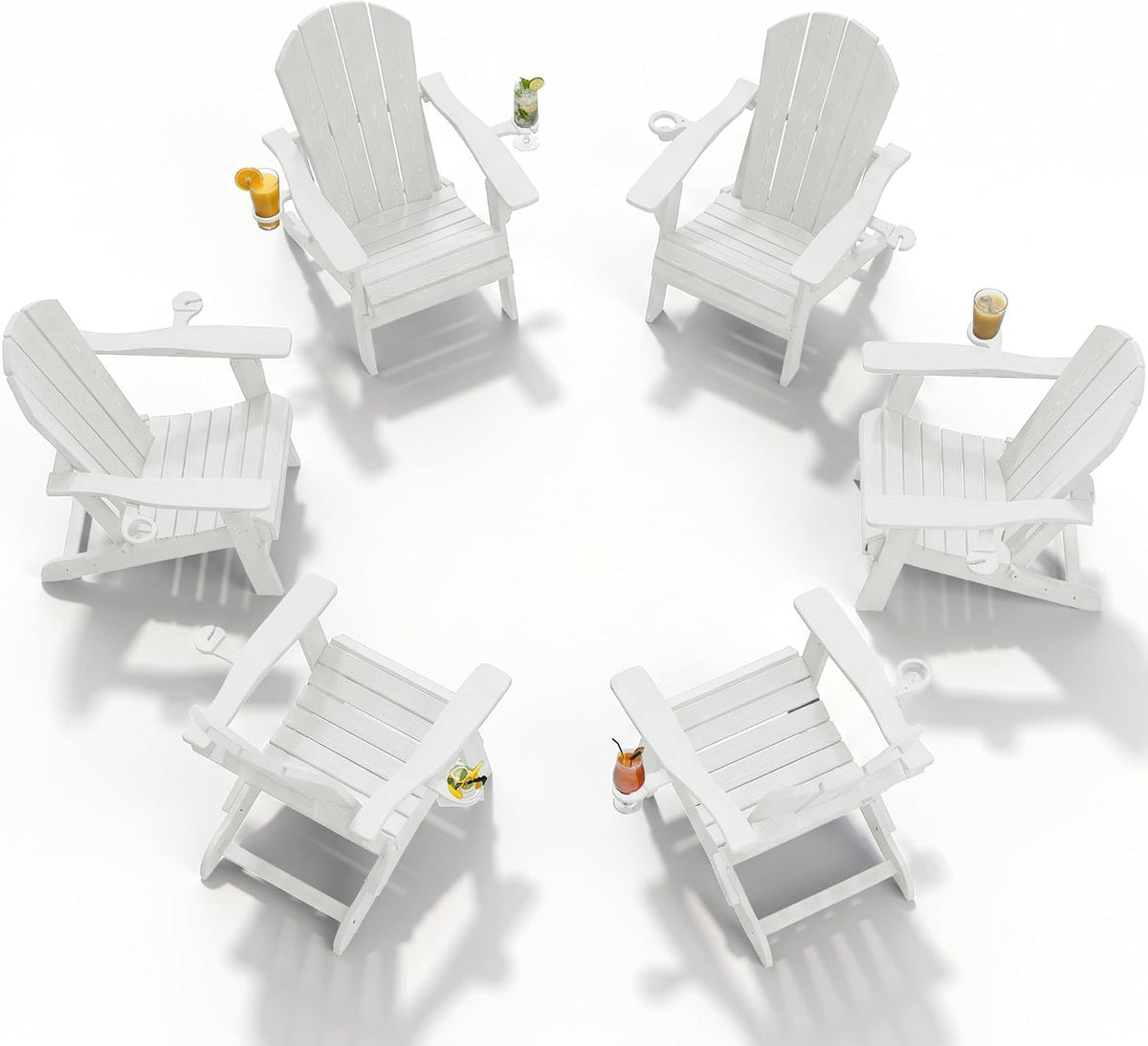 PLUUV Folding Adirondack Fire Pit Chairs Set of 6 with Cup Holders,White