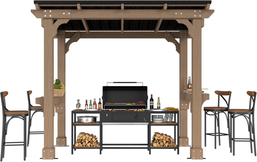 MUPATER 8 x 5 FT Outdoor Wooden Grill Gazebo with Sloping Metal roof, Heavy Duty BBQ Gazebo, Cedar Frame Pavilion with 2 Side Storage Shelves, BBQ Canopy for Patio, Lawn, Garden, Deck