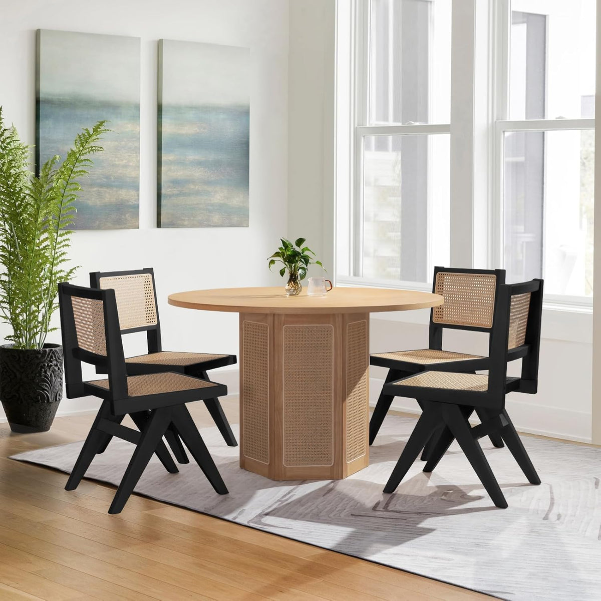 Rattan Armless Dining Chairs Set of 4,Black Solid Wood Mid Century Chairs
