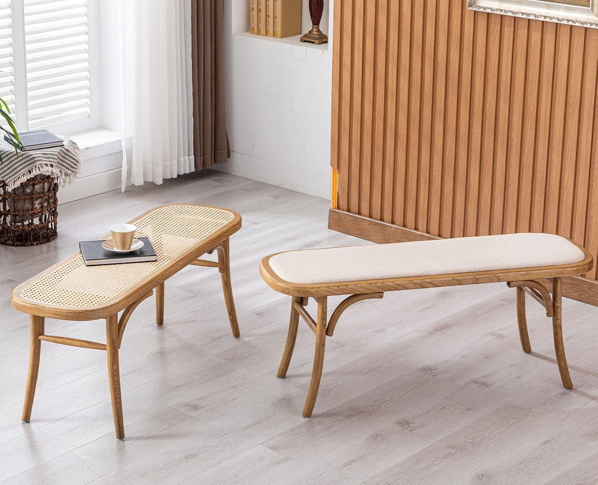 Kmax Upholstered Bench Fabric Entryway Bench Rustic Solid Wood 45 Inch for Living Room/Hallway/Bedroom, Beige