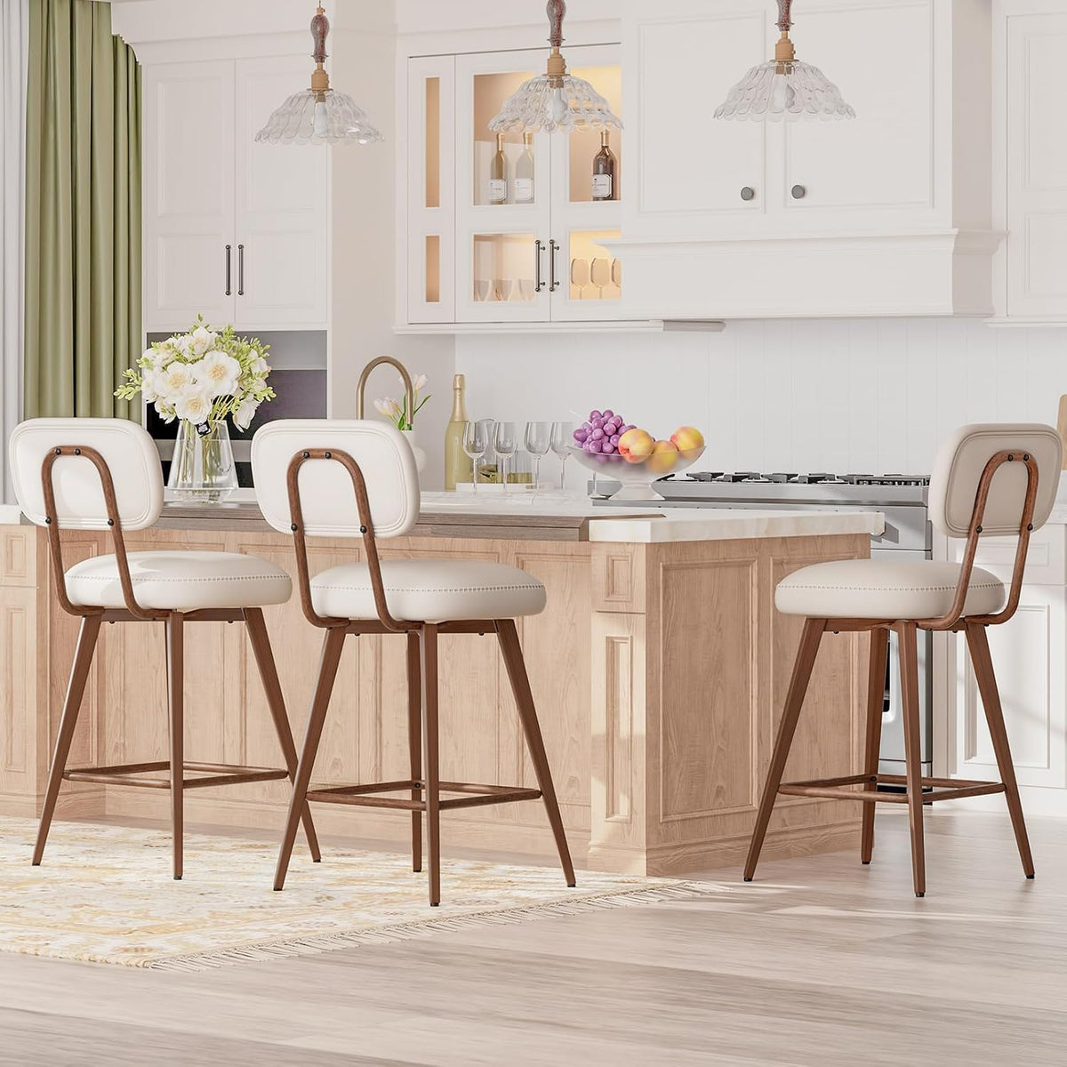 MALOL 26“ Mid Century Leather Swivel Bar Stools Set of 2, Beige