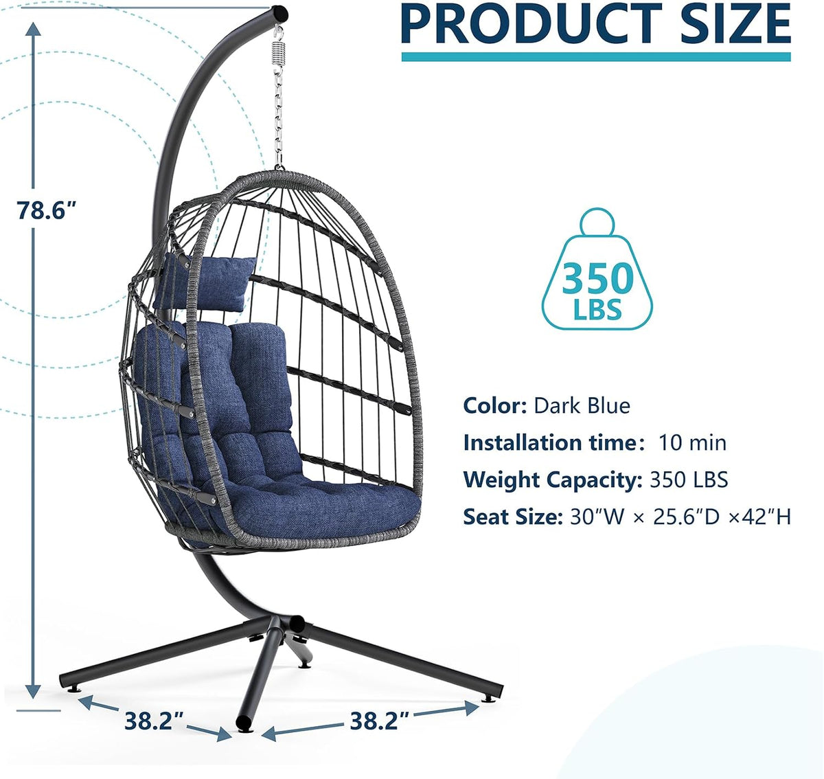 LEYCAY Hanging Egg Chair with Stand, Outdoor Indoor Egg Swing - Dark Blue