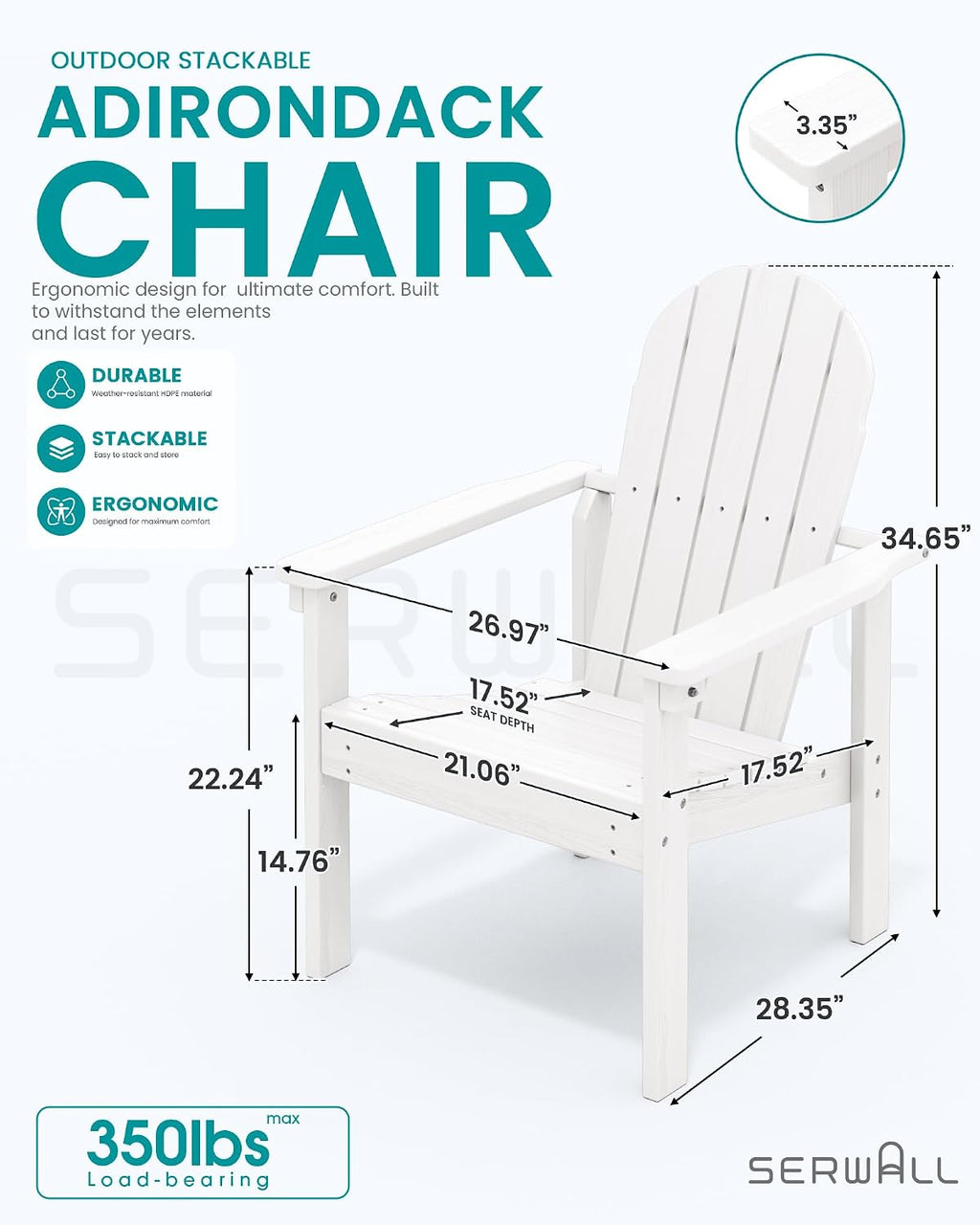 SERWALL HDPE Stackable Adirondack Chairs Set of 4,Space-Saving, White