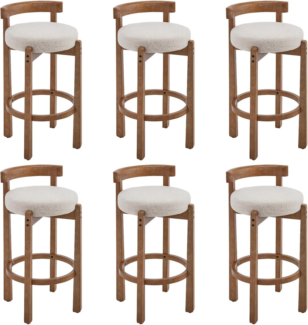 HEAH-YO Linen Bar Stools Set of 6, 30.25" Bar Height Stools with Back, Upholstered Barstools with Solid Wood Legs Tall Bar Chairs for Kitchen Island Dining Room, Beige