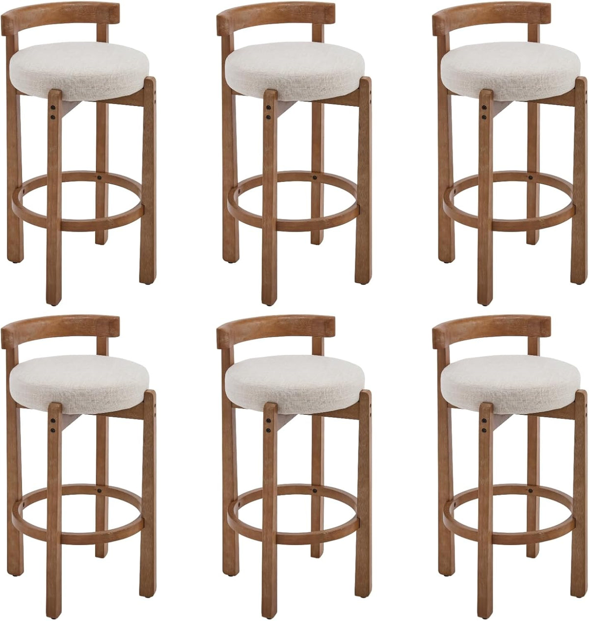 HEAH-YO Linen Bar Stools Set of 6, 30.25" Bar Height Stools with Back, Upholstered Barstools with Solid Wood Legs Tall Bar Chairs for Kitchen Island Dining Room, Beige