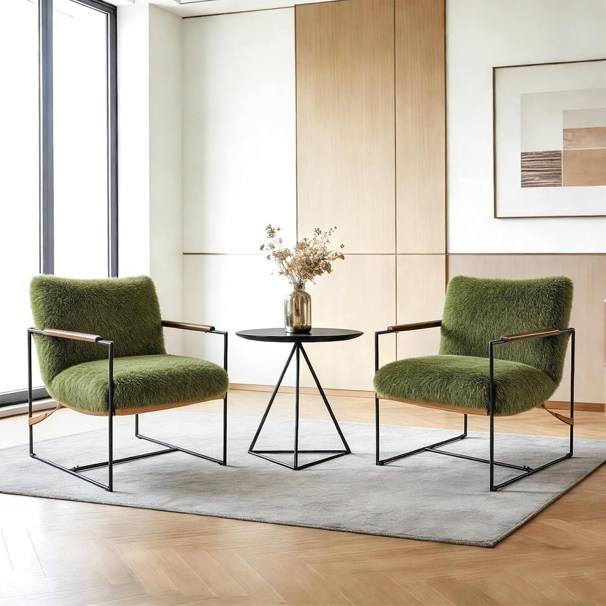 VINGLI 28" Wide Plush Upholstery Sling Modern Accent Chairs Set of 2, Cute Reading Armchair with Removable Seat Cushion & Tan Microfiber Seat Base, Lazy Chair for Bedroom & Lounge,Olive Green