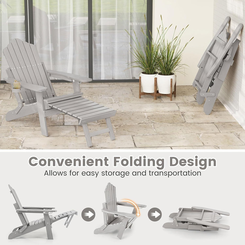 Giantex Folding Adirondack Chair, All-Weather Lounge Chair with Adjustable Backrest, Retractable Ottoman, Cup Holder, HIPS Fire Pit Chair for Lawn, Pool, Patio, Porch (2, Gray)