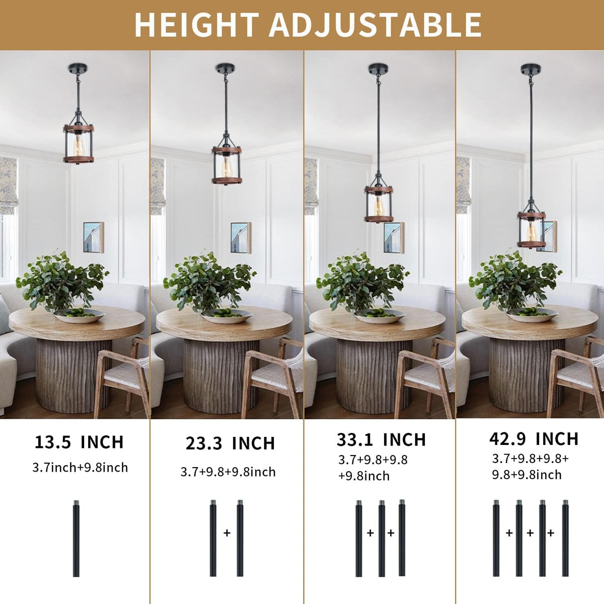 farmhouse pendant light, rustic walnut wood metal cage, package contents