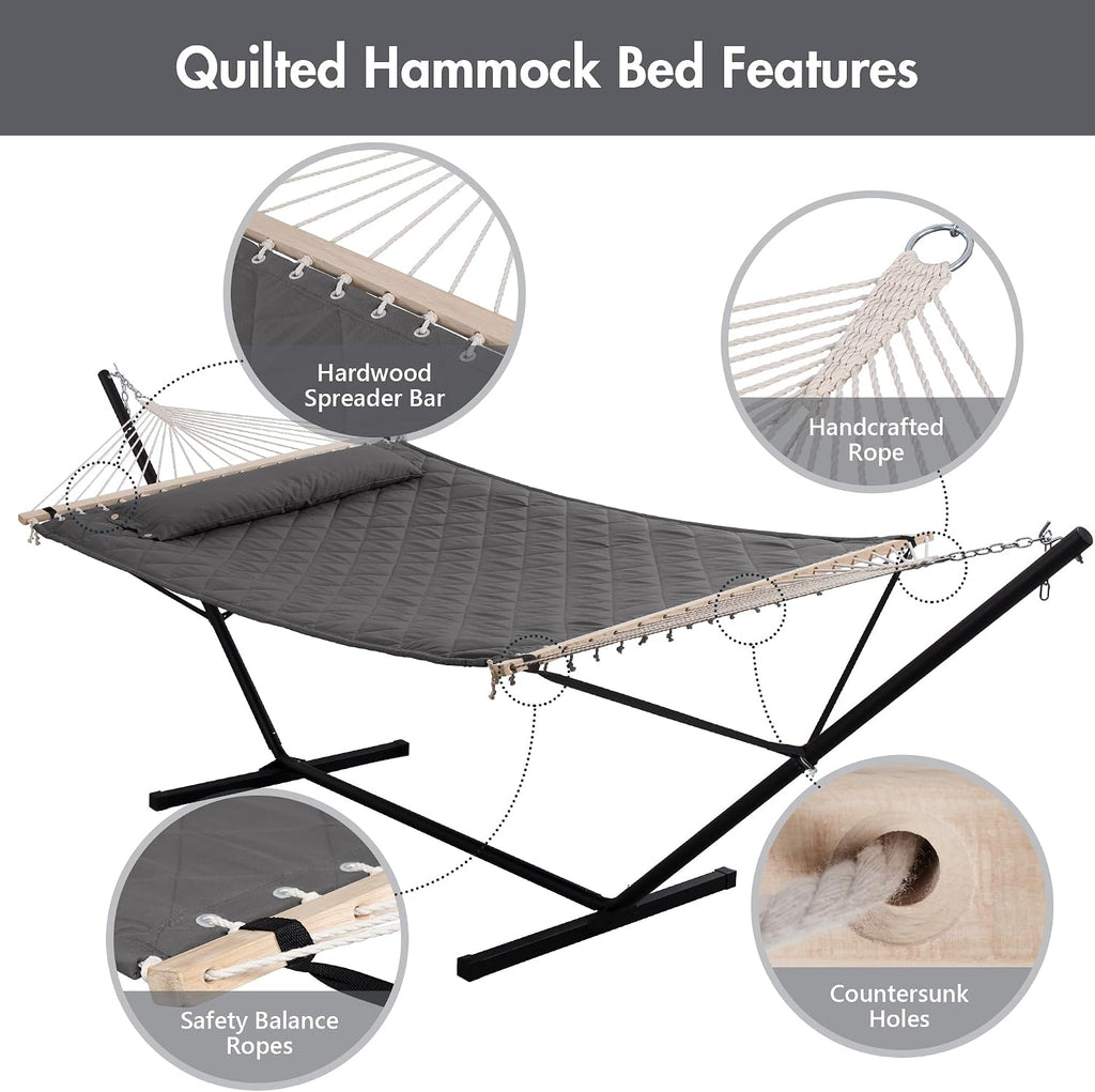 ANOW Heavy Duty Hammock with 12 Feet Stand Included, Quilted Hammock, Gray
