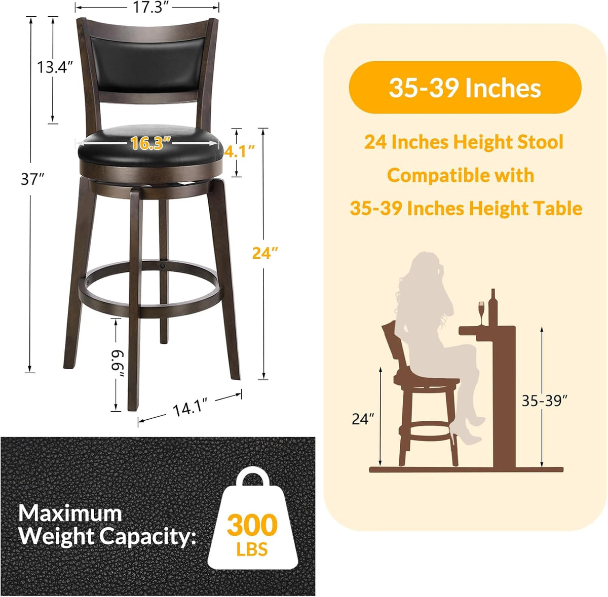 PrimeZone Swivel Bar Stools Set of 8, 24 Inch Counter Height Barstools