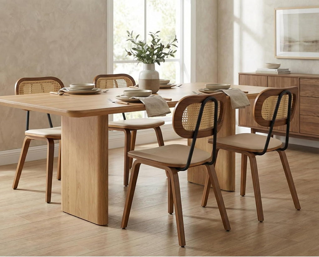 HEAH-YO Modern Dining Chairs Set of 2, Upholstered Faux Leather Dining Room Chairs with Rattan Backrests and Wood Legs, Armless Kitchen Chairs for Dining Room, Beige