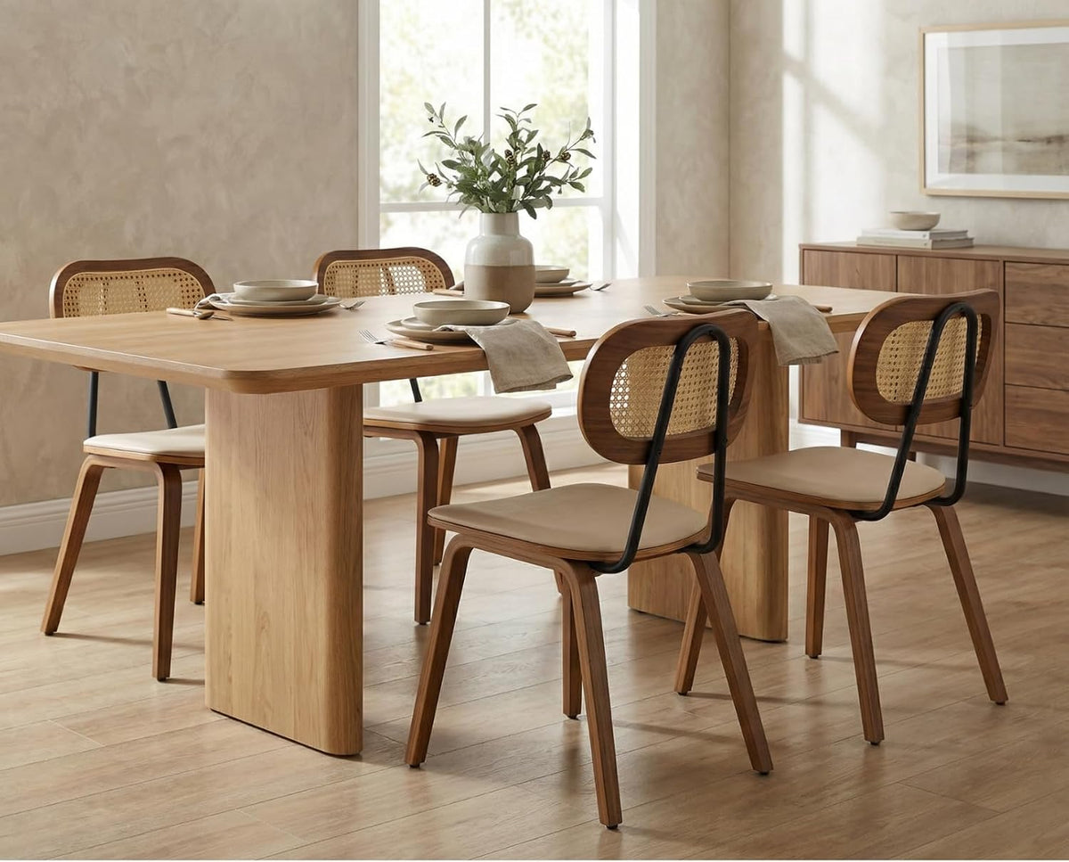 HEAH-YO Modern Dining Chairs Set of 2, Upholstered Faux Leather Dining Room Chairs with Rattan Backrests and Wood Legs, Armless Kitchen Chairs for Dining Room, Beige