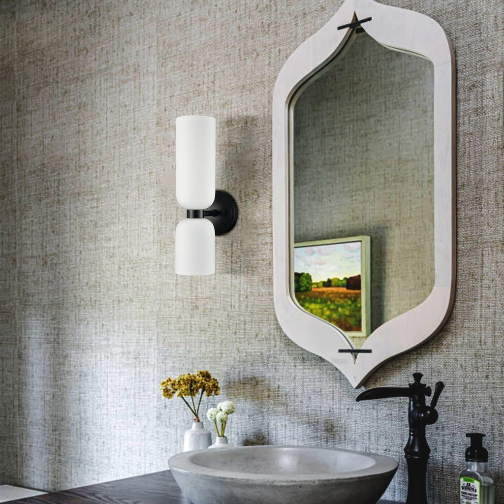 Bathroom sconces Set of 2 mid-Century Modern Light Vanity sconces Fixture Milky White lampshade Large Glass for Bathroom Vanity Bathroom Living Room (Black)