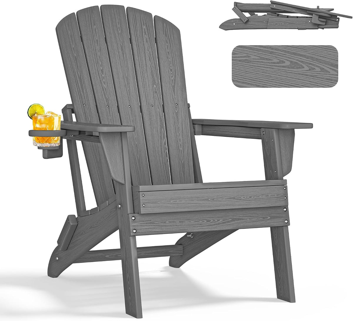 nevilywood Folding Adirondack Chair, HDPE Ergonomic Cup Holder, Gray