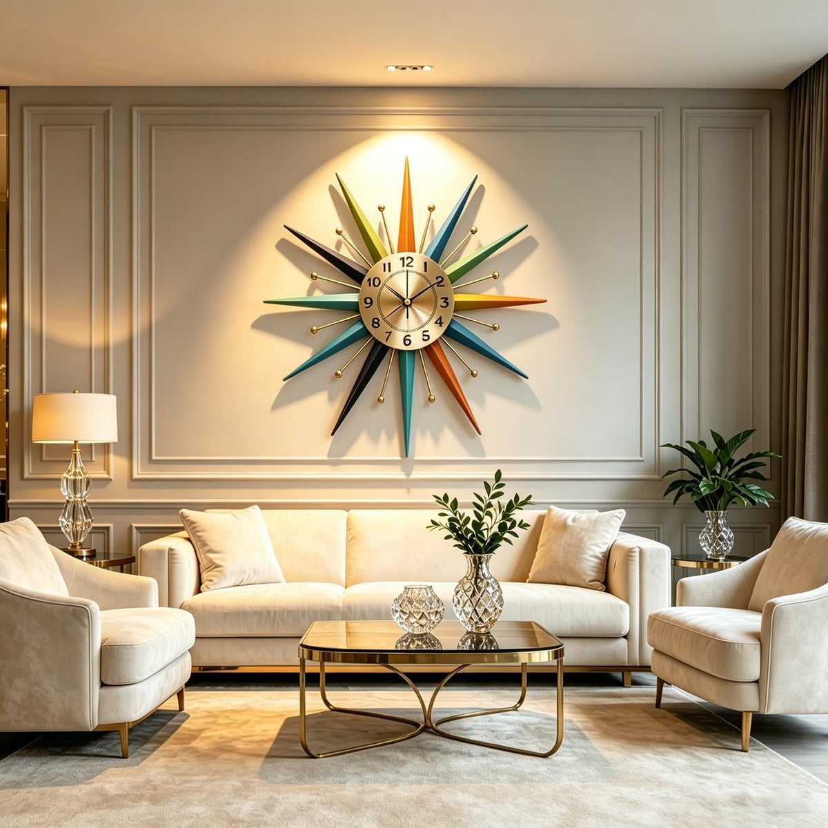 22 Inch Mid-Century Style Metal Crystal Wall Clock, Star-Shaped Silent Decorative Wall Clock, Suitable for Living Room,Bedroom,Dining Room,Porch,Office