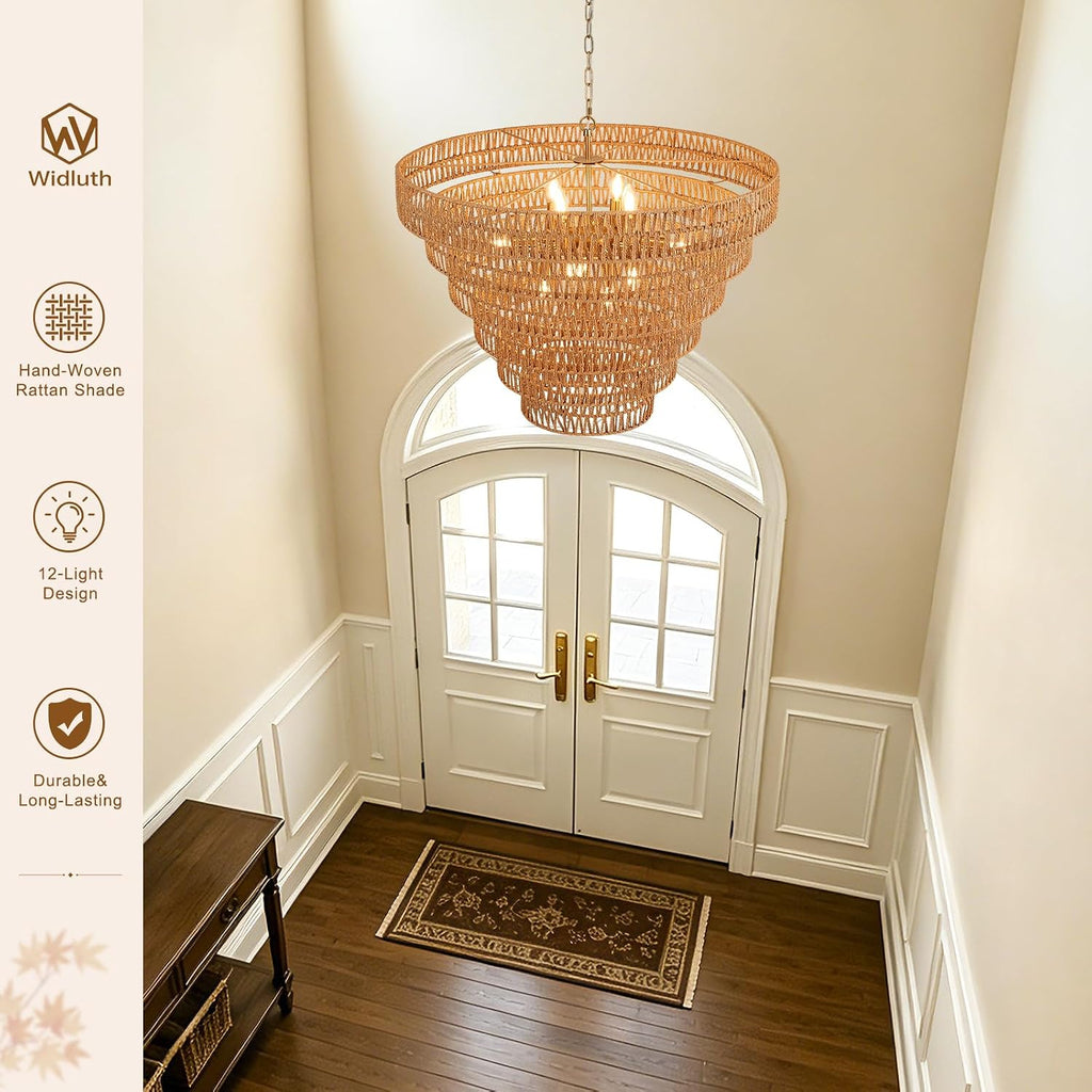 31.5" large gold rattan chandelier, 12-light hand-woven 6-tier, view 9