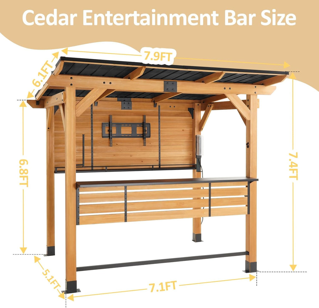 6x8FT Cedar Wood Outdoor Bar Gazebo with Built-in Power Outlet & TV Mount | Sloping Metal Roof Cantina Gazebo Bar with Metal Bar Counter, Footrest & Bottle Opener for Patio Backyard Entertainment