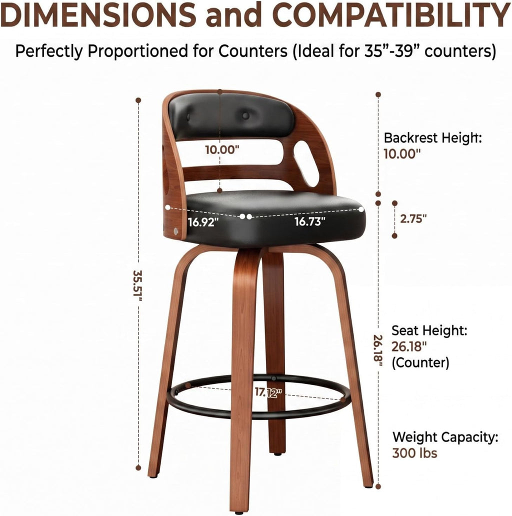 FevorFurn 26 Inch Swivel Bar Stools Set of 3, Upholstered Bar Chairs for Kitchen Island/Home Bar Table/Pantry/Café, Thick Cushion, Wooden Frame, Automatic Seat-Return to Center, Black