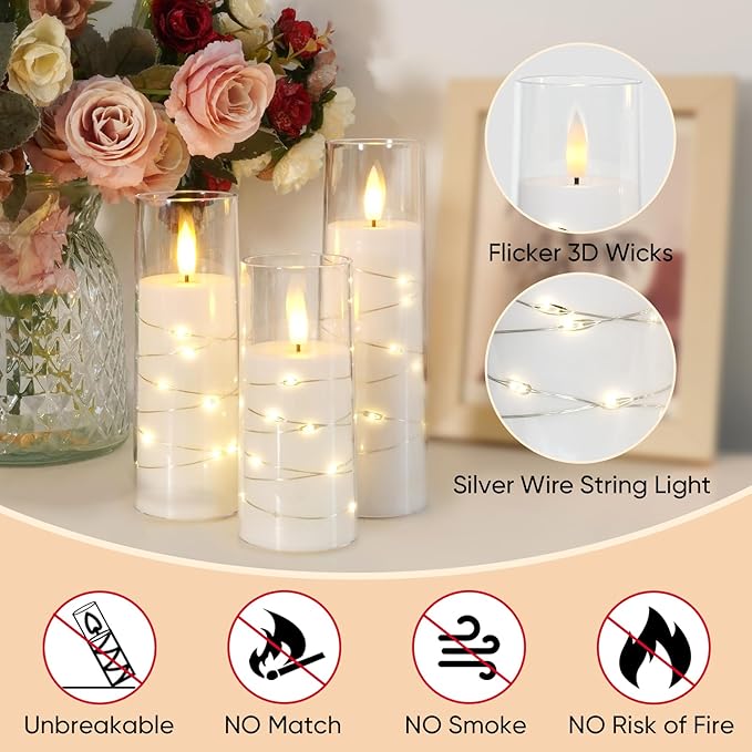 Raycare Flameless Candle with Remote Timer – 9 Flickering Acrylic Battery Operated LED Pillar Candles with Embedded Star String for Halloween, Home Decor, and as a Gift (White) (9 Pcs)