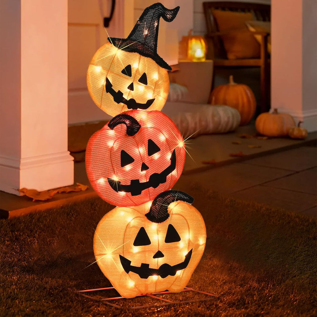 Halloween Lighted 3 Stacked Pumpkins, 39’’ H Pre-Lit Lighted Pumpkins with 50 Warm White Lights, Light Up Halloween Pumpkin Decoration for Indoor, Outdoor, Porch, Yard, Holiday Decor