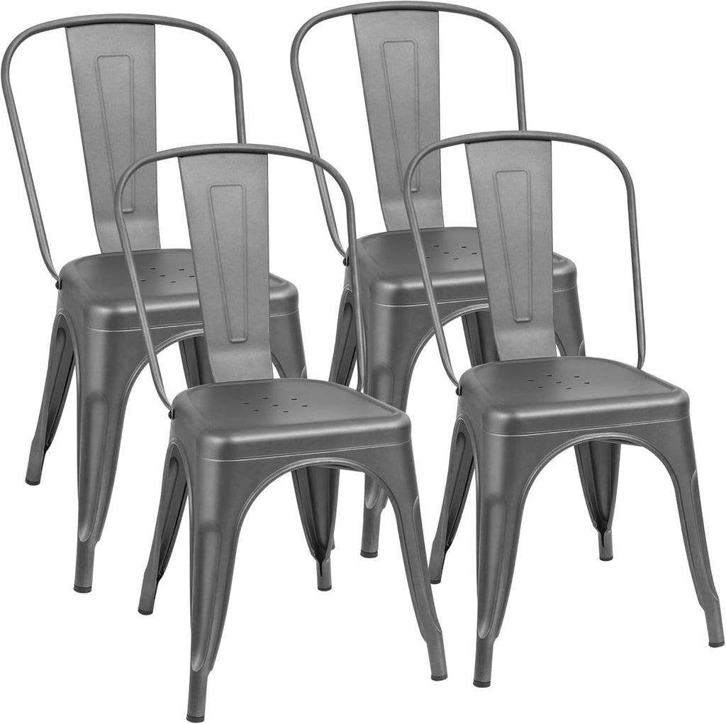 Furmax Metal Dining Chair Indoor-Outdoor Use Stackable Classic Trattoria Chair Chic Dining Bistro Cafe Side Metal Chairs Set of 4 (Gray)