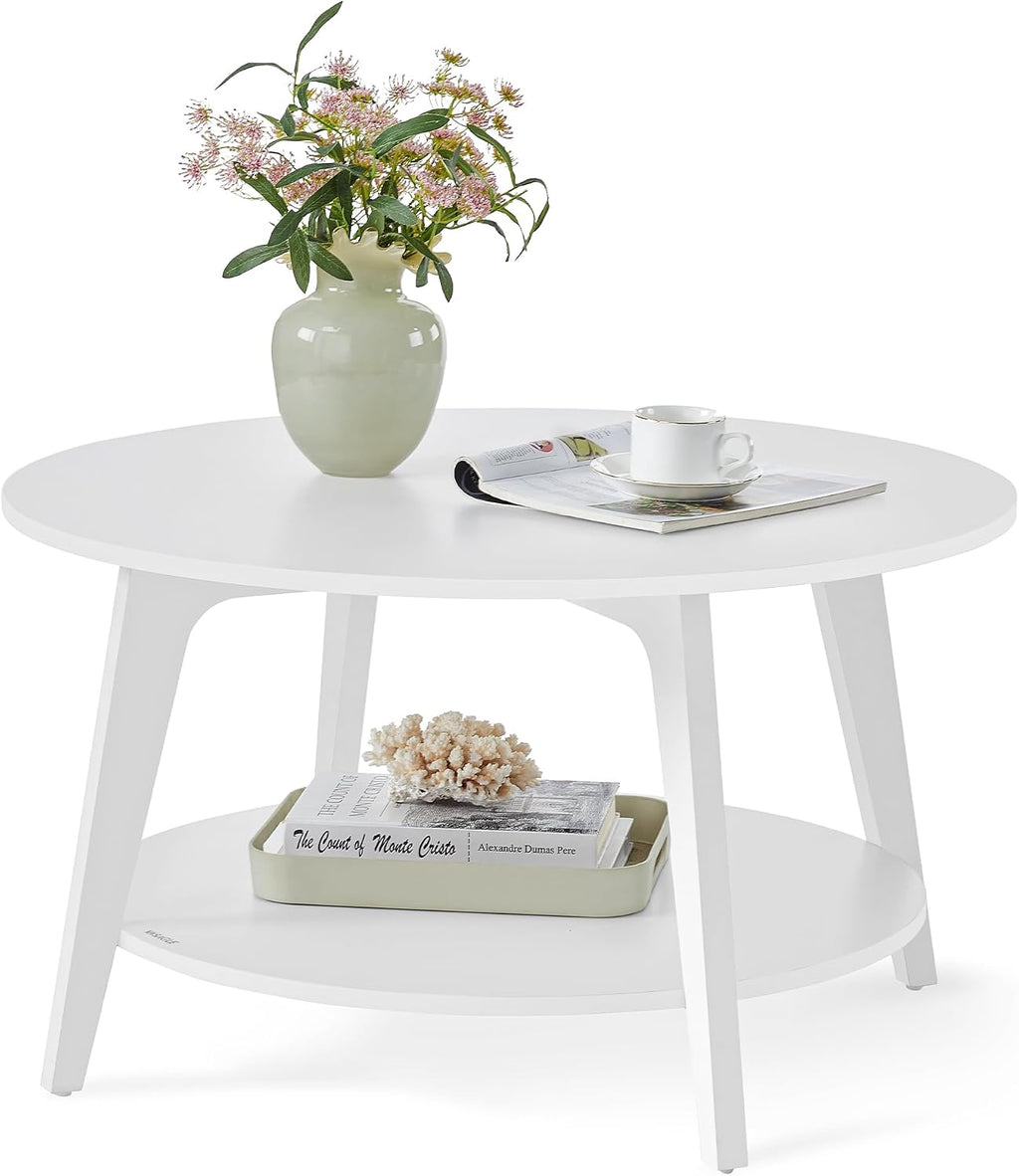 VASAGLE Round Coffee Table, 2-Tier Center Table with Storage, Tapered Legs