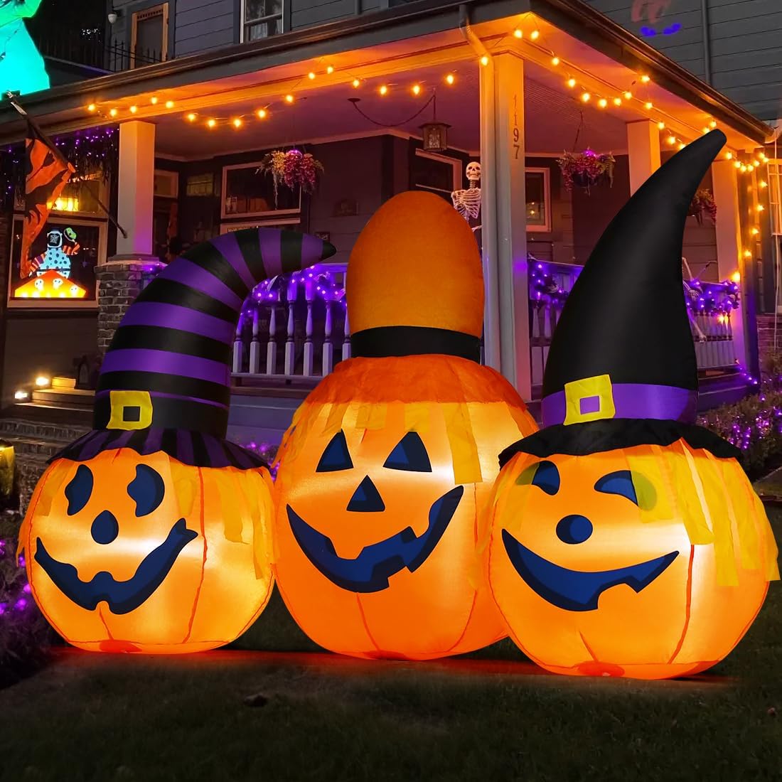 GOOSH 6 FT Halloween Inflatables Outdoor Pumpkin Combo with Wizard hat Blow Up Yard Decoration with LED Lights Built-in for Holiday Party Yard Garden